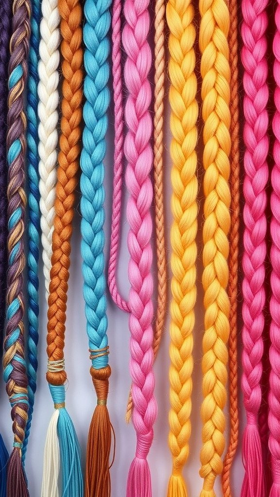 A variety of colorful braids showcasing knotless styles in vibrant hues.