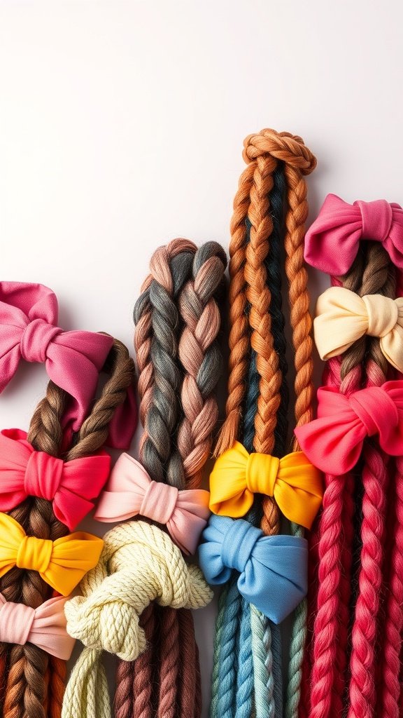 Colorful twisted braids with bows, showcasing various styles and hair accessories.