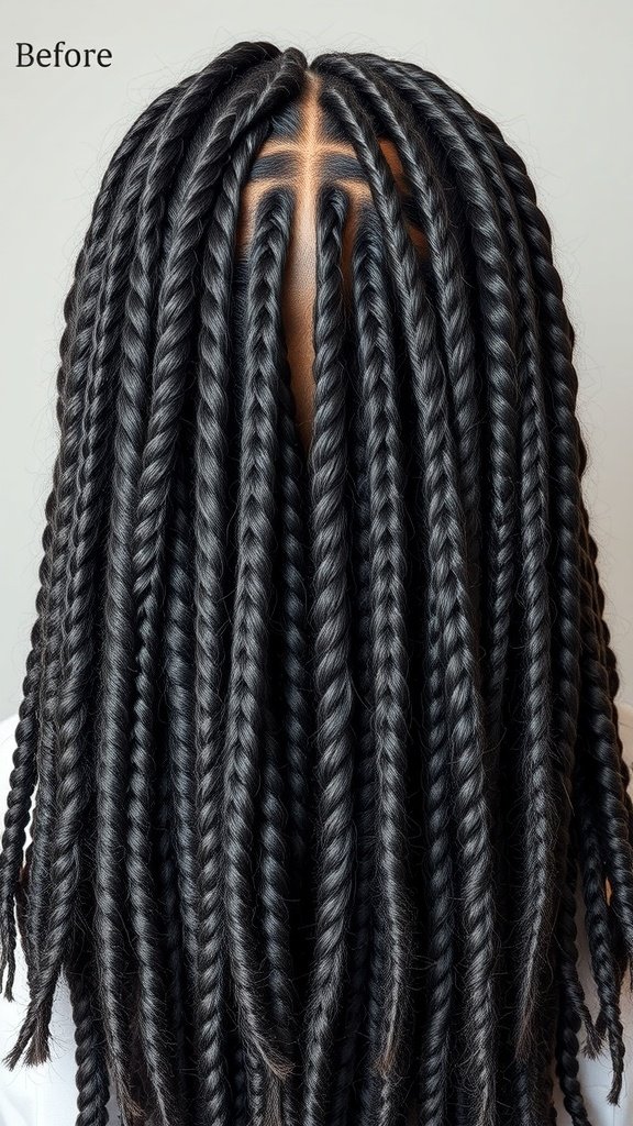 Before image of medium knotless twist braids showing a full head of braids.