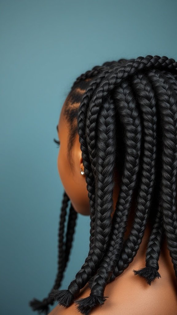 A close-up of a woman's back showing long knotless twist braids against a blue background.