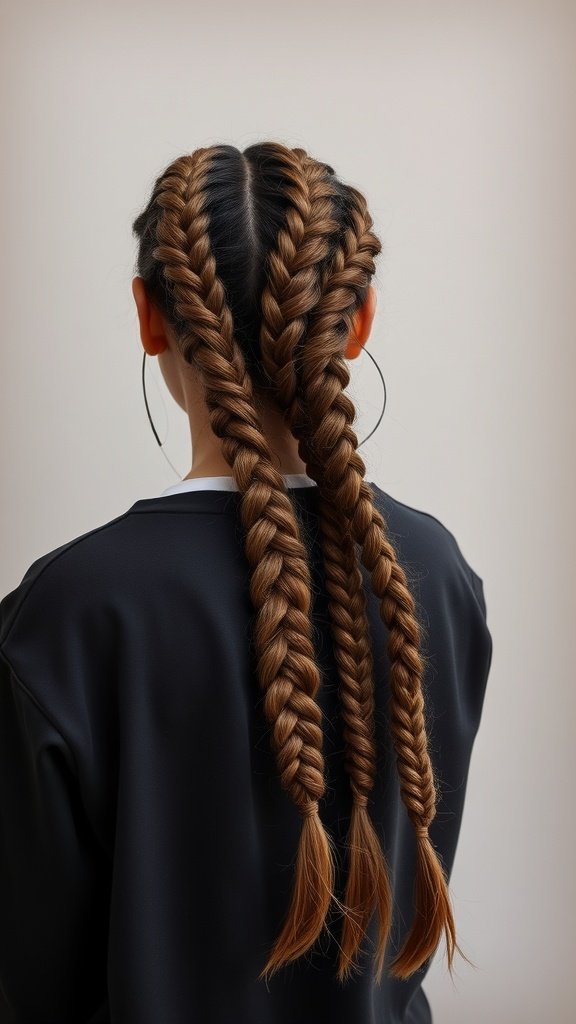 A person with two knotless twist braids styled neatly down their back.