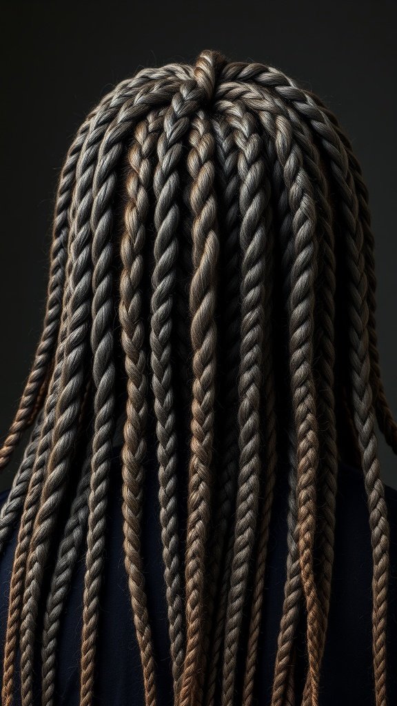A close-up view of a head of knotless twist braids, showcasing a mix of colors and textures.