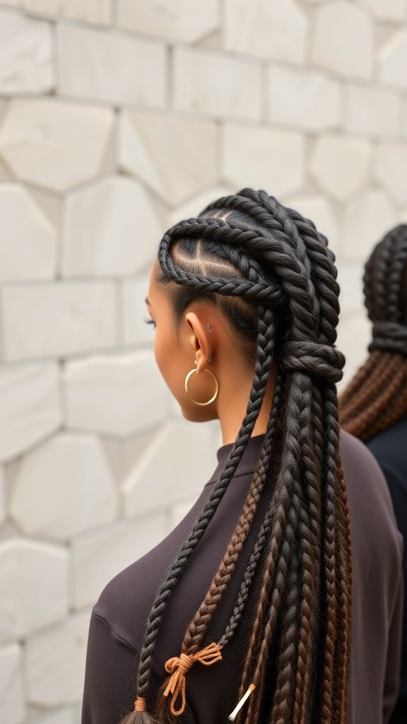 A woman showcasing knotless twist braids with a stylish design.