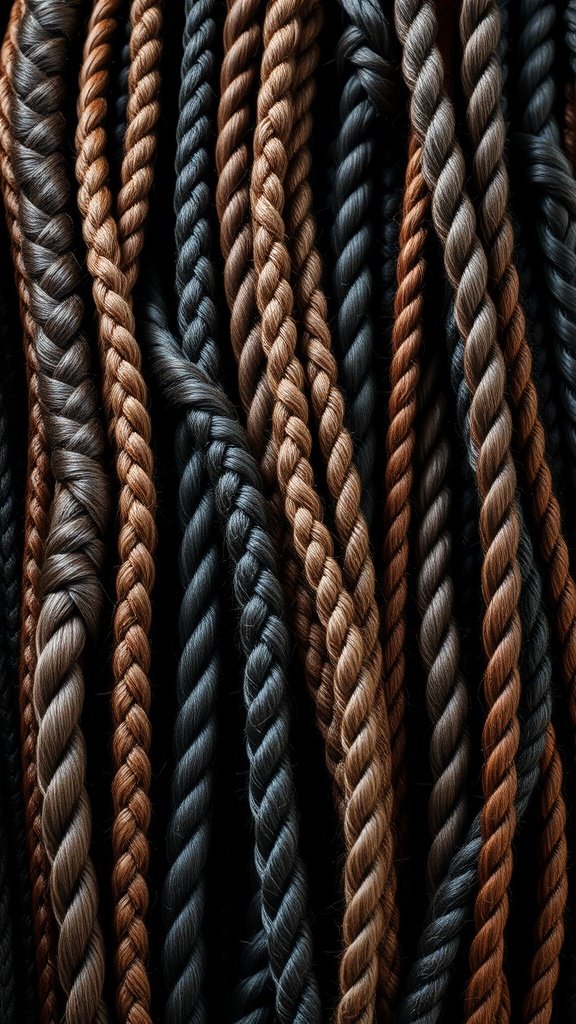A close-up of various knotless twist braids in different shades and textures.