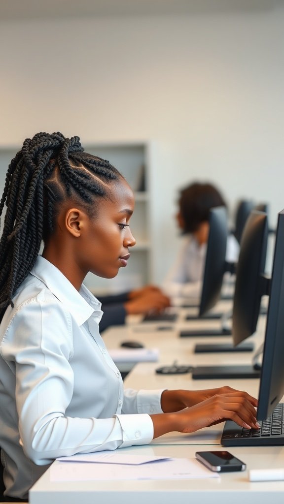 A woman with knotless twist braids working at a computer in a professional setting.