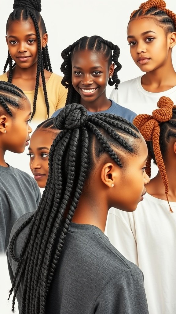 A collage of girls showcasing various styles of knotless twist braids, including different lengths and accessories.
