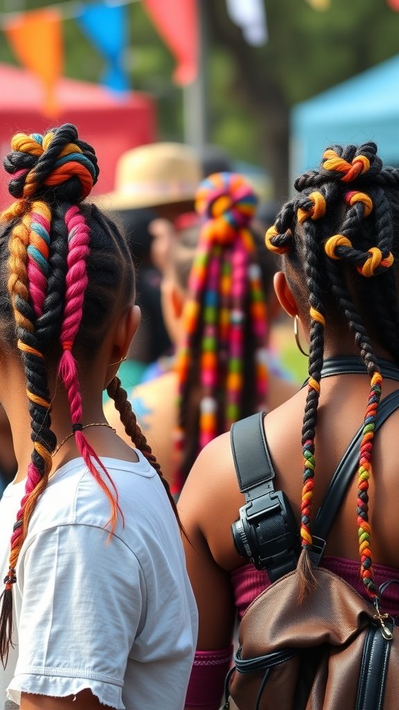 Colorful knotless twist braids worn by festival-goers, showcasing vibrant styles and playful colors.