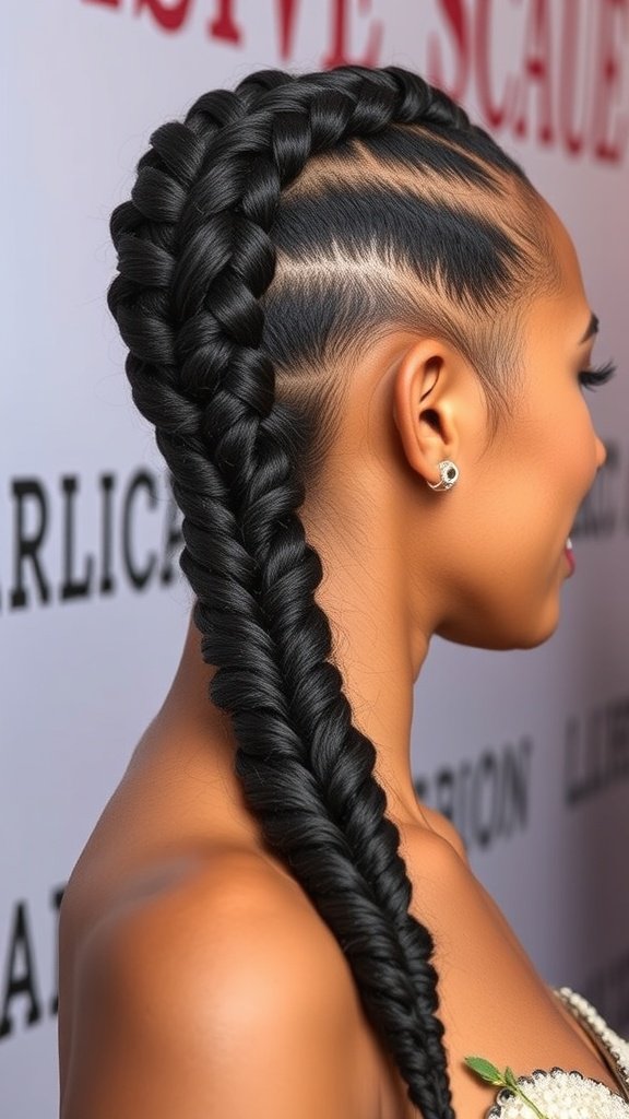 A close-up of a woman with a sleek knotless braid hairstyle, showcasing a polished look suitable for formal events.