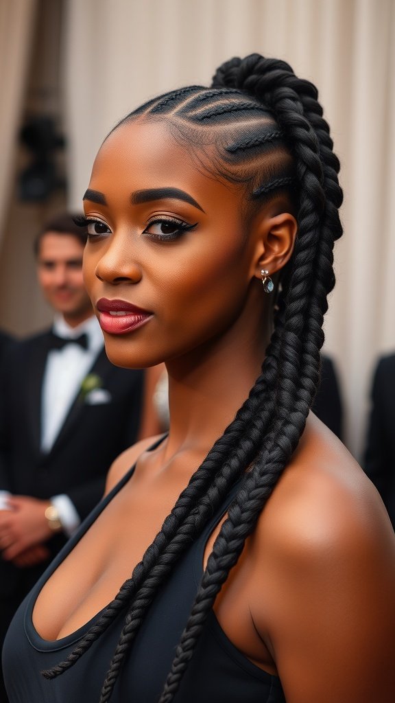 A woman with long knotless twist braids styled elegantly for a formal event.