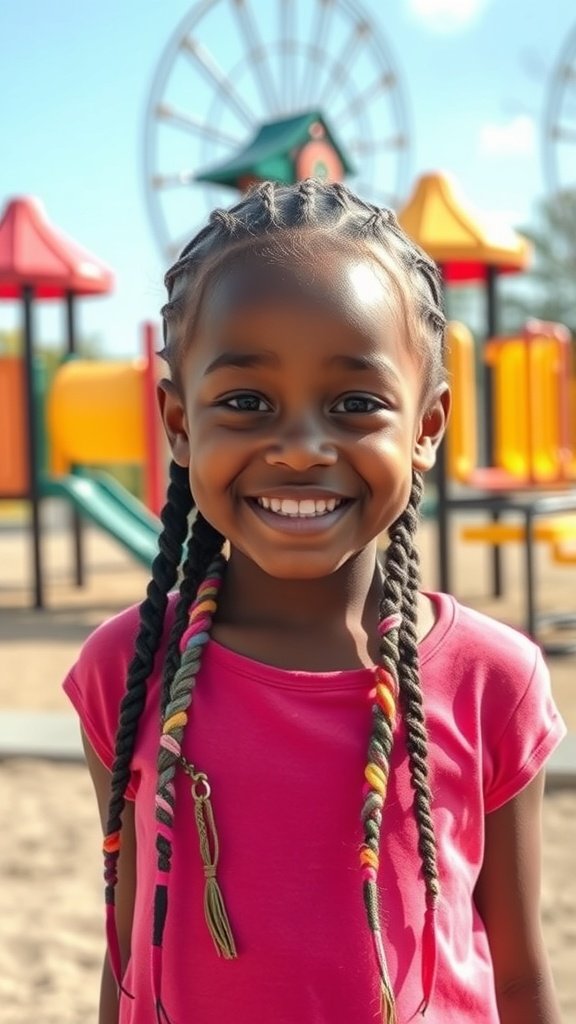 A smiling child with colorful knotless twist braids at a playground.