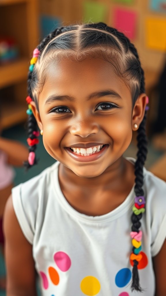 A smiling girl with knotless twist braids and colorful beads
