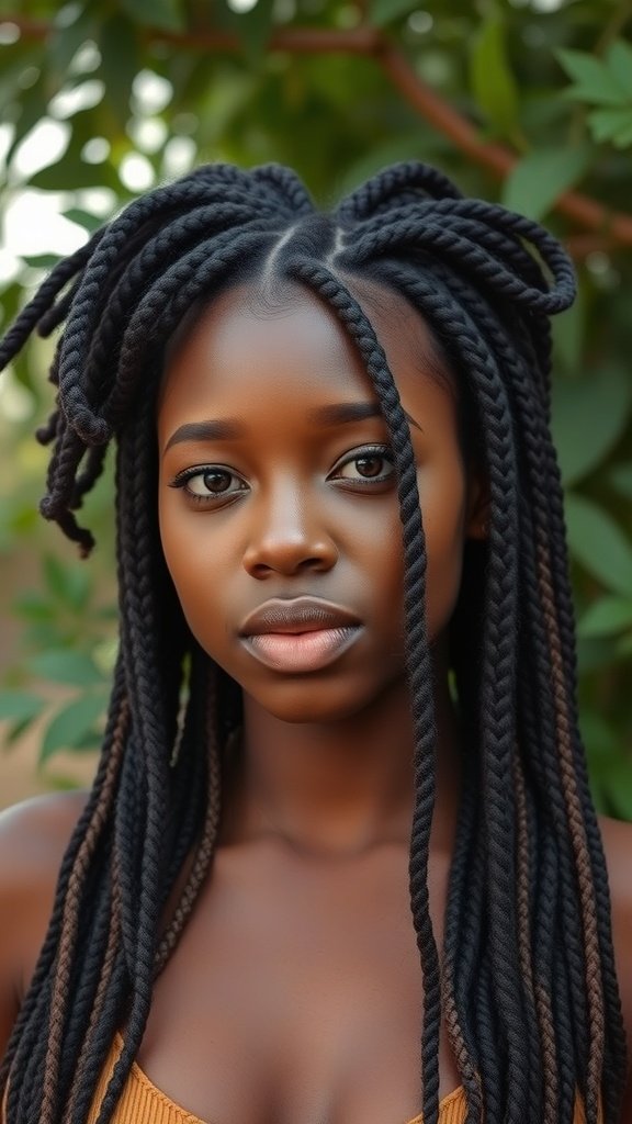 A woman with long knotless twist braids, showcasing a natural hairstyle.