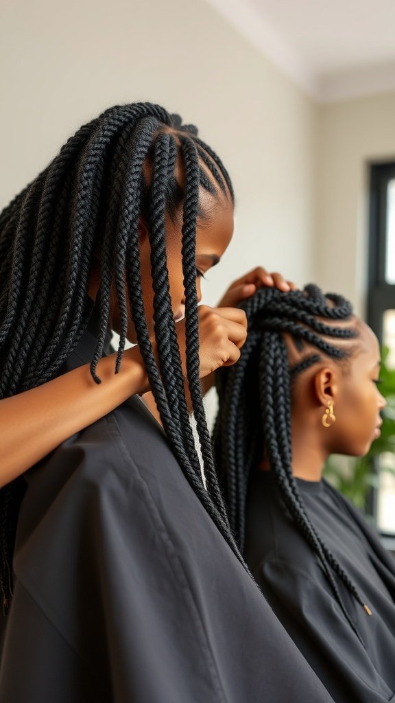 A stylist creating knotless twist braids on a client, showcasing the intricate process and care involved.
