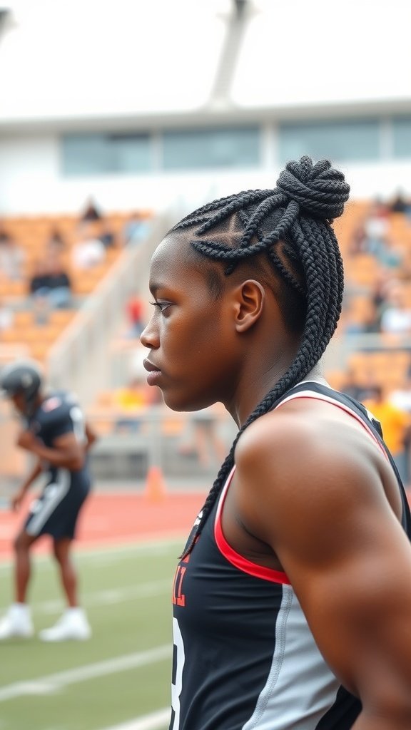 Athlete with knotless twist braids on the field, showcasing a sporty hairstyle.