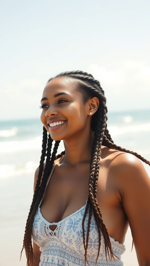 A woman with knotless twist braids smiling at the beach