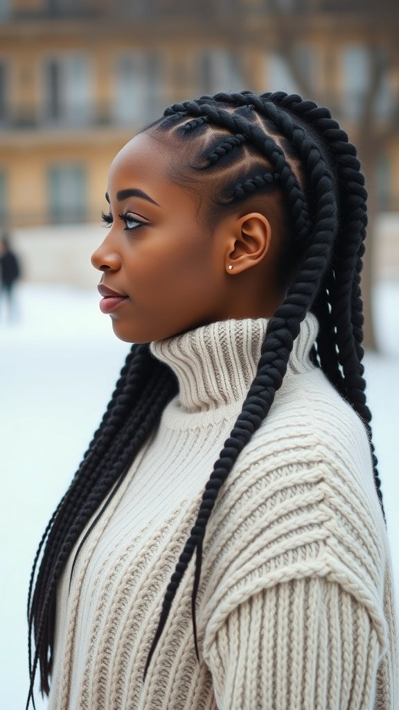 A woman with knotless twist braids wearing a cozy sweater in a winter setting.