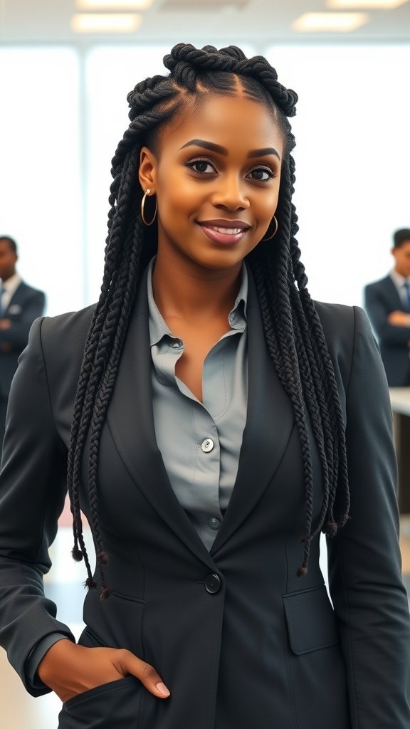 A professional woman with knotless twist braids, wearing a tailored suit in an office setting.