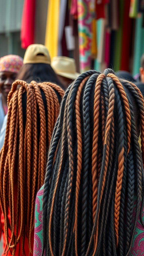 Image of women with knotless twist braids in vibrant colors, showcasing cultural hairstyles.
