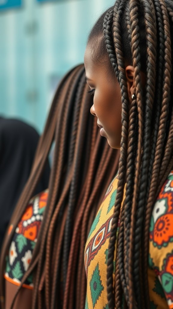 A woman with beautiful knotless twist braids, showcasing a blend of colors and intricate patterns.