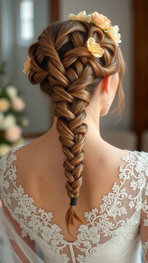A beautiful braided hairstyle with flowers, showcasing knotless twist braids.