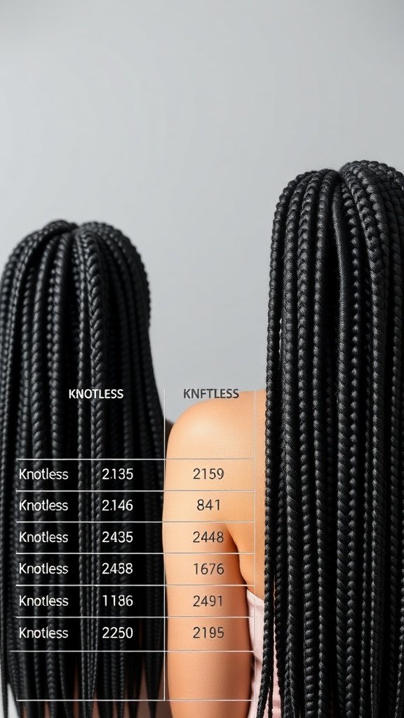 Comparison of knotless and traditional box braids showing sleekness and tension differences.
