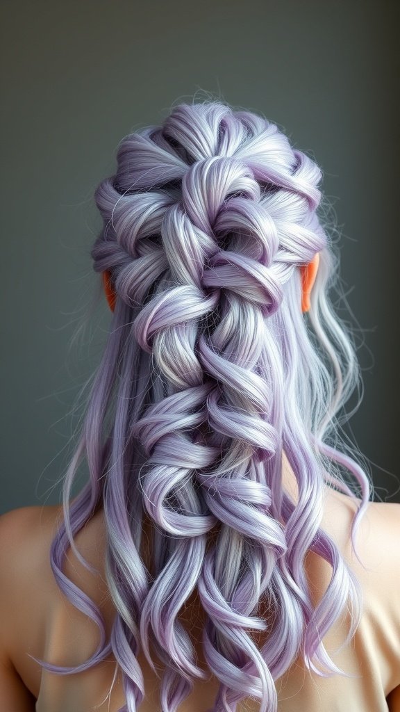 A back view of a hairstyle featuring lavender and silver knotless braids styled in loose curls.