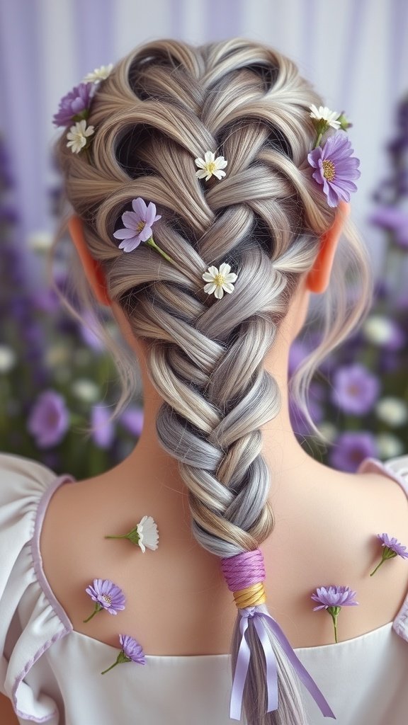 A beautiful back view of a lavender knotless braid adorned with flowers.