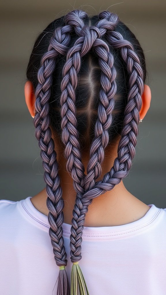 Back view of a person with lavender knotless braids styled with twists.