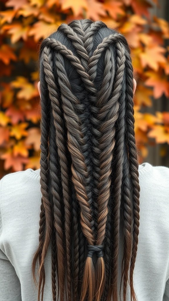 Layered boho knotless braids hairstyle with a backdrop of autumn leaves