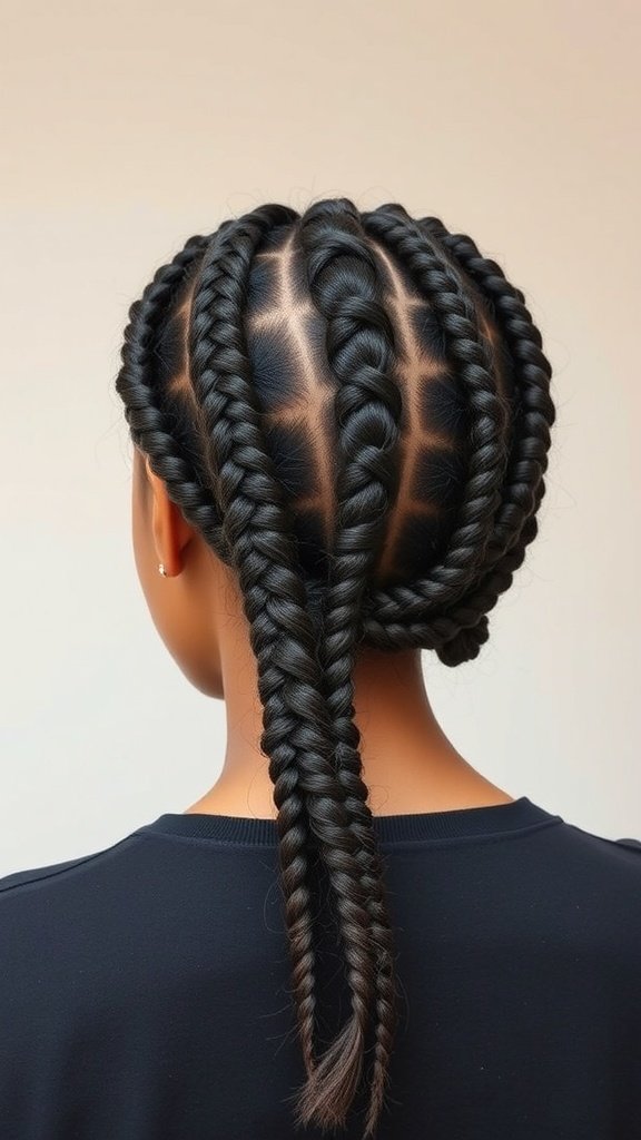 A close-up view of layered box braids styled neatly, showcasing depth and texture.