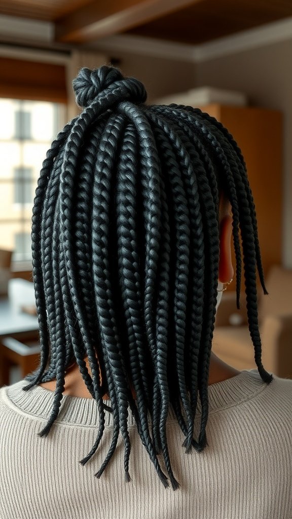 A woman with layered knotless box braids styled in a top knot, showcasing the length and texture of the braids.