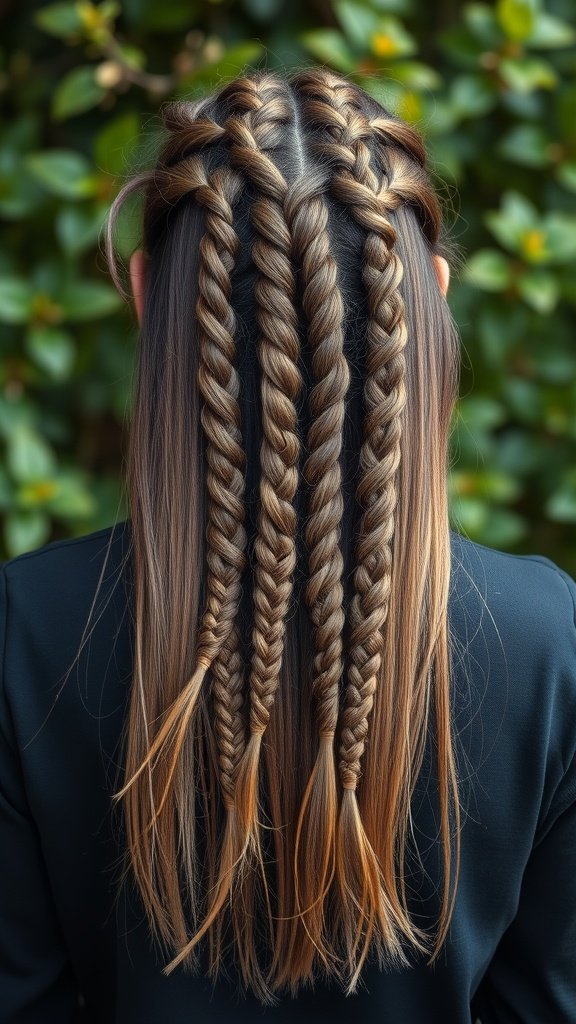 A back view of layered knotless braids styled elegantly.