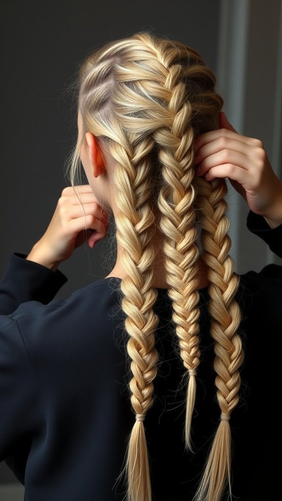 A close-up of a person with blonde knotless braids, showcasing a layered technique.
