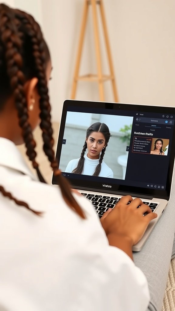 A person learning how to create knotless braids from an online tutorial on a laptop.