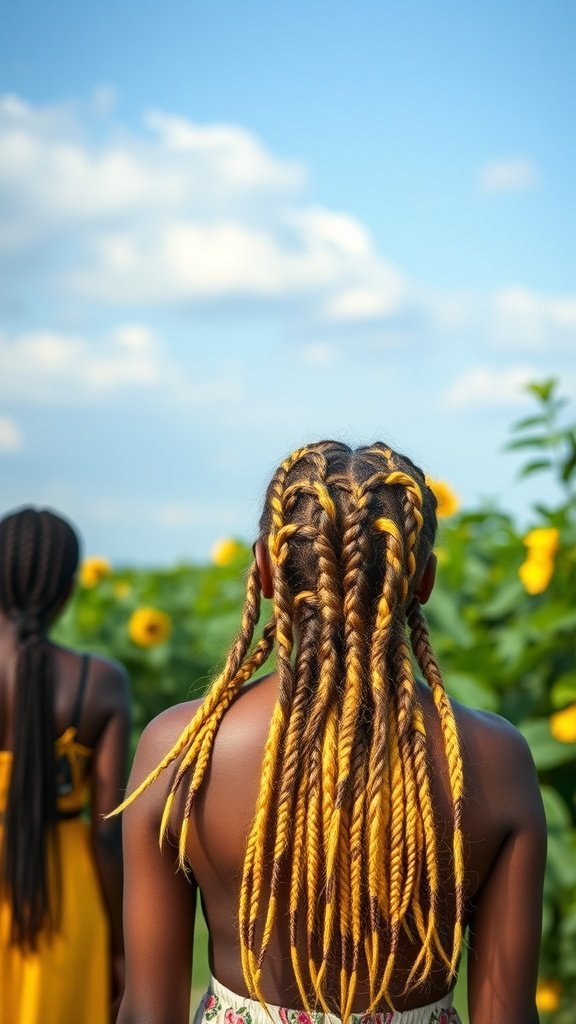 Two individuals showcasing lemonade braids in a sunny field, one with vibrant yellow braids and the other with long, sleek braids.