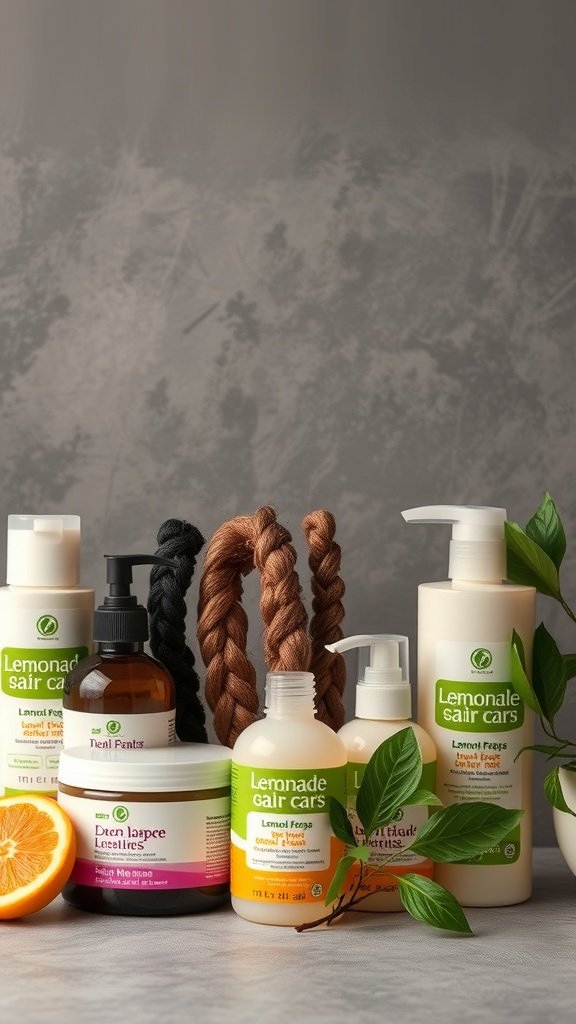 A variety of hair care products for lemonade braids, including moisturizers and styling creams.