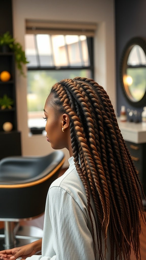 A woman with lemonade braids styled in a modern salon setting, showcasing the beauty and health of braided hairstyles.