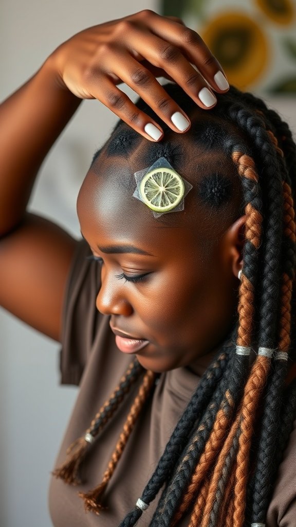A woman showing off her lemonade braids with a lemon slice on her scalp, highlighting the hairstyle's unique design.
