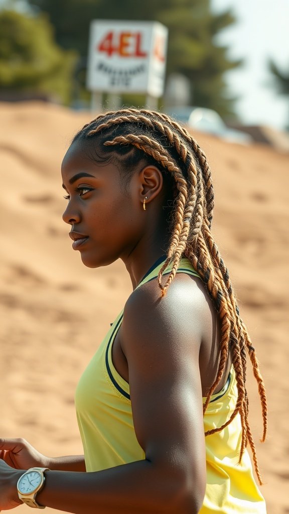 A woman with lemonade braids in a yellow tank top, jogging in a sandy area.