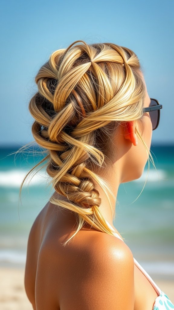 A woman with lemonade braids styled elegantly at the beach, showcasing a sunny day vibe.