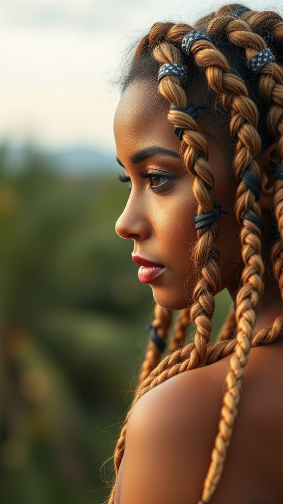 A woman with lemonade braids styled in a knotless fashion, showcasing a side profile with a natural background.