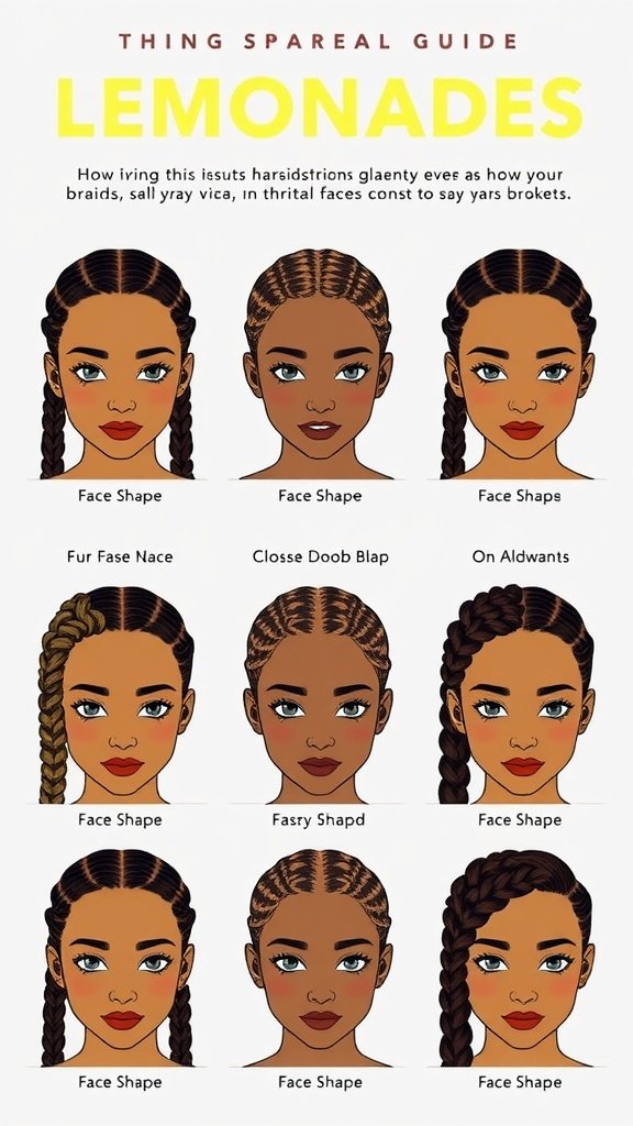 Illustration showing different lemonade braid styles for various face shapes.