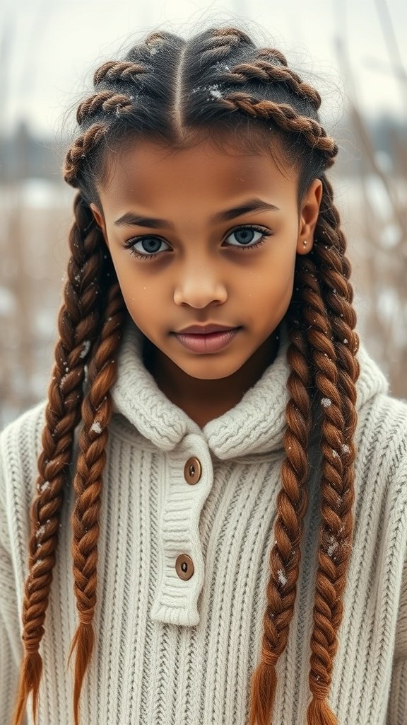 A girl with lemonade braids wearing a cozy sweater in a winter setting.