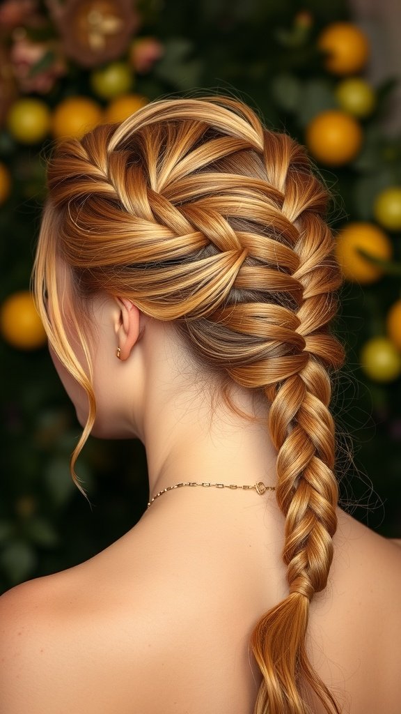 A woman with a stylish lemonade braid hairstyle, showcasing intricate braiding against a backdrop of greenery.