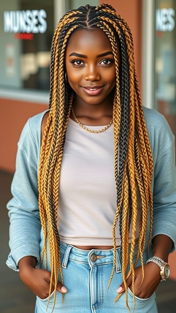 A woman with lemonade braids, showcasing vibrant colors and a stylish look.