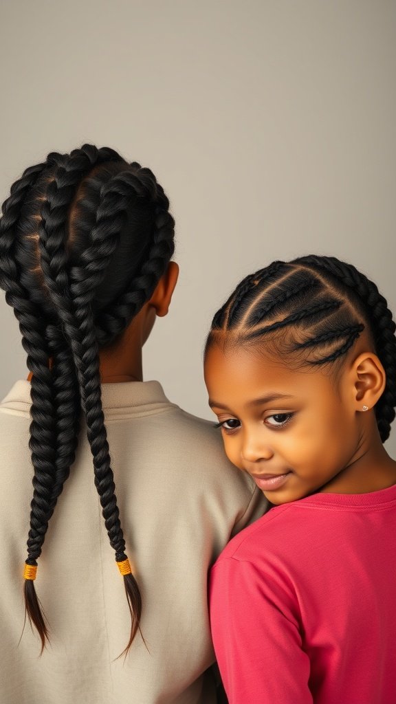 Two girls showing off lemonade braids with knotless styles, one with long braids and the other with a shorter style.