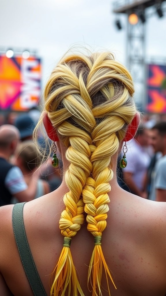 A close-up view of lemonade braids styled in vibrant yellow, perfect for a festival setting.