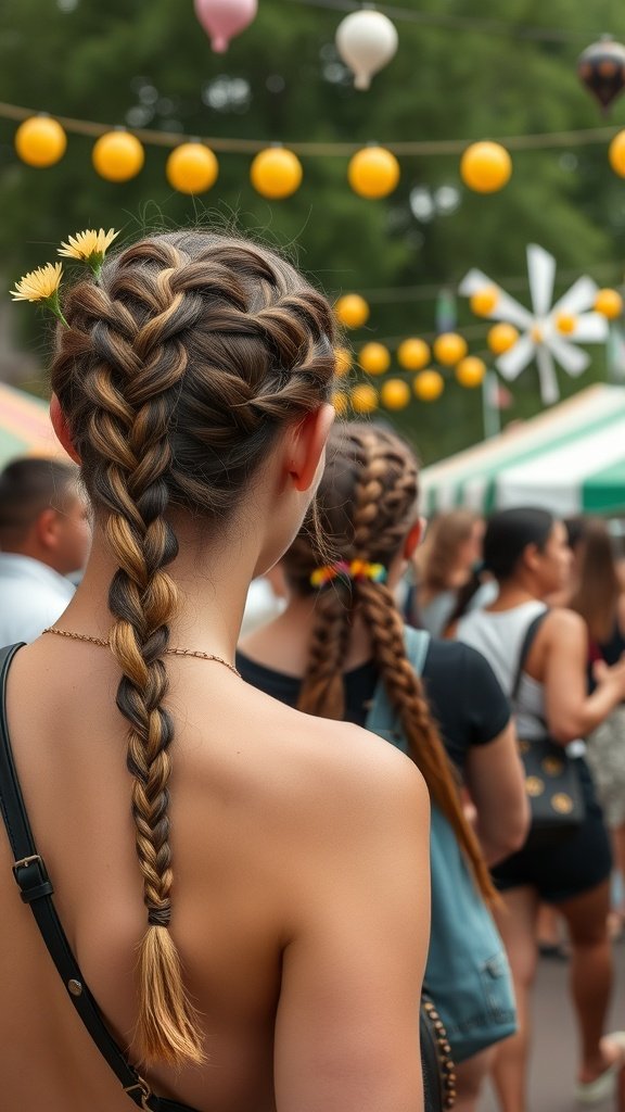 A person with lemonade braids adorned with flowers, standing in a festival setting with colorful decorations.