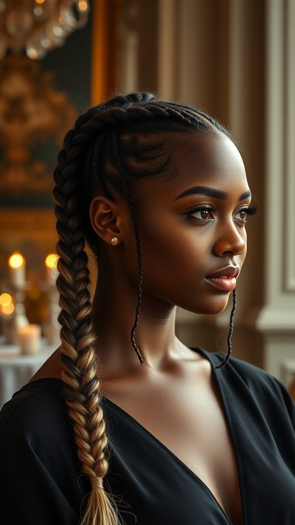 A woman with lemonade braids styled elegantly for a formal event.