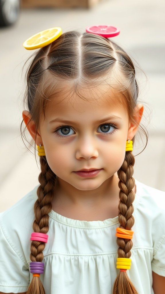 A young girl with lemonade braids and colorful hair accessories.